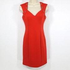 Guess Fitted Red Sheath Dress Sz 2 Gold Grommet Trim Neckline Cut Out Back