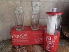 DISTRIBUTEUR DE PAILLE FONTAINE À SODA COCA COLA VINTAGE 1987 ET 2 VERRES À COKE