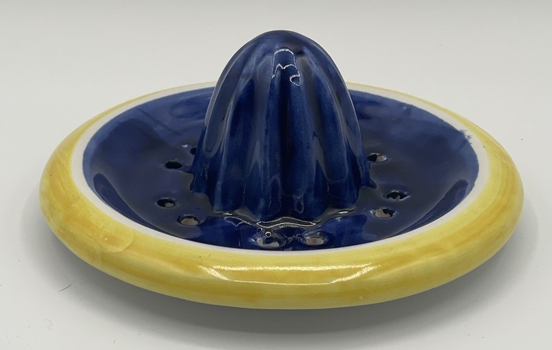 Polish Ceramic Hand Made Reamer Juicer Lemon Squeezer Blue & Yellow 4" Diameter