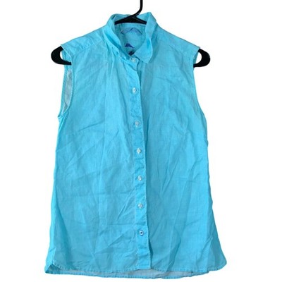 Tommy Bahama Womens Blouse Blue V Neck Collared Button Down Sleeveless Small