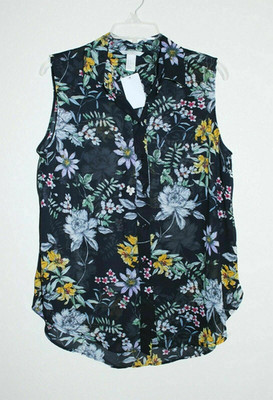 NWT Womens H&M Sz 10 Black/Multi Floral Ltwt Sleeveless Button Front Shirt Top