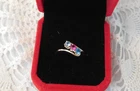 Three Stone 14K Gold Ring Size 6.5 Aquamarine Blue Topaz Pink Ruby