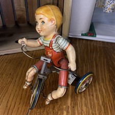 Vintage 1940's Unique Art Kiddy Cyclist Wind Up Tricycle Litho Tin Toy Works N