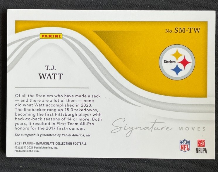 T.J. Watt 2021 Panini Immaculate Collection Signature Moves Auto /25 #SM-TW view 2