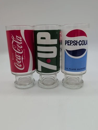 3 Vintage 7UP Coke Pepsi 12oz Pedestal Footed Glass 70s-80s New