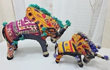 2-VTG India Folk Art Anglo Raj? Handcrafted Bulls Stuffed Mirrors Pompoms READ!