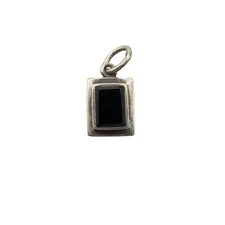 Reversible Black Stone Onyx Look Floral Rectangle Pendant Charm Sterling Silver