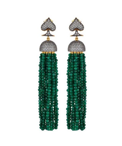 BEGUM KHAN Macakizi Clubs Swans Earrings Green Beaded with Crystals