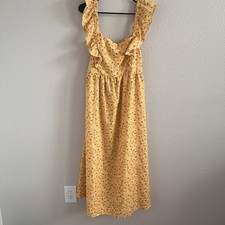XL Yellow Midi Floral Dress Ruffle Flutter Sleeve Tie Back Stretch Cottagecore