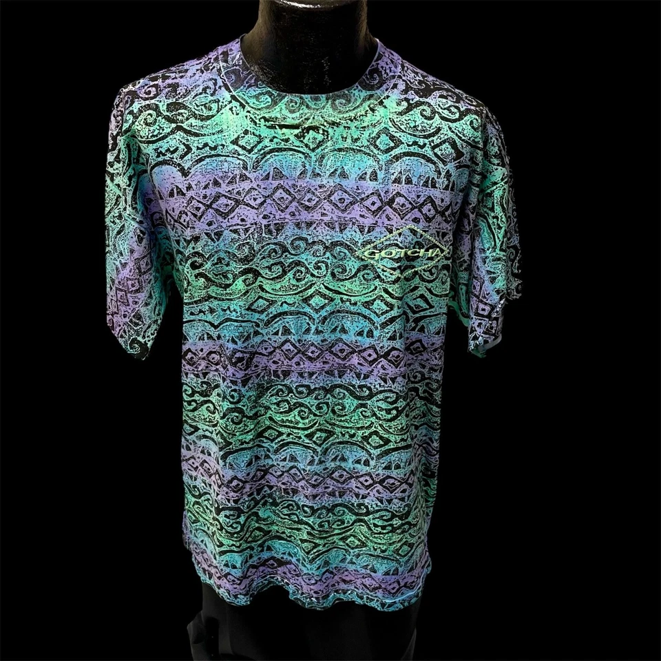 NUEVO NUEVO CON ETIQUETAS Deadstock De Colección Años 80 GOTCHA Para hombres NEÓN Electric Waves SURF SKATE T Camiseta M Foto 2 de 4