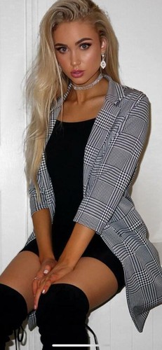 Womens Ladies Checkered Check Hound Tooth Tartan Duster Coat Jacket Blazer Top - Picture 3 of 6