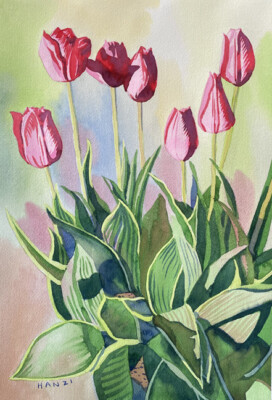 Red Tulip 5, Flower, Garden,Original Watercolor Painting, Signed, Art, 11.5x16.5