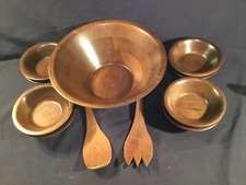 Vtg Gift Wood Heirloom Wooden Ware  9-Piece + Walnut Wood Salad Bowl & Servers