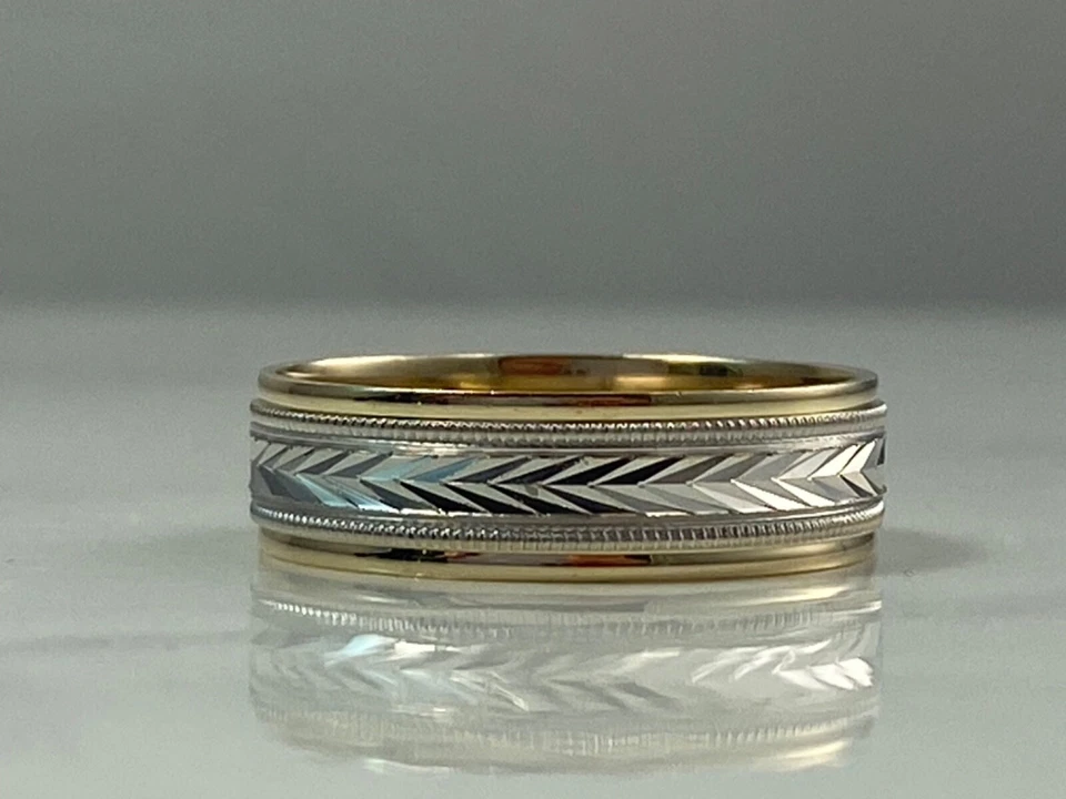 Anillo de trigo de boda de oro macizo multicolor de 14K de 6 mm talla 9 banda patrón V Foto 4 de 4