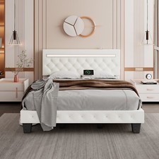 PU Leather Full Queen LED Bed Frame with Adjustable Headboard  Charging Station