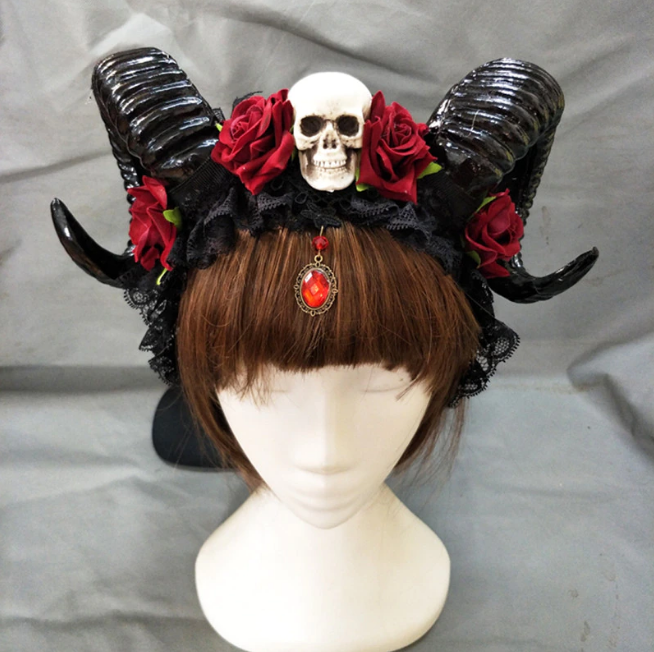 Devil Punk Gothic Skull Red Rose Headband Demon Horns  display picture 3