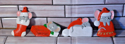 Four Mice Hand made Hand Painted Mouse Christmas Plaster Ornaments