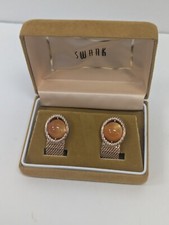 Used Swank Orange Moonglow Gold Tone Mesh Cuff Links - Box