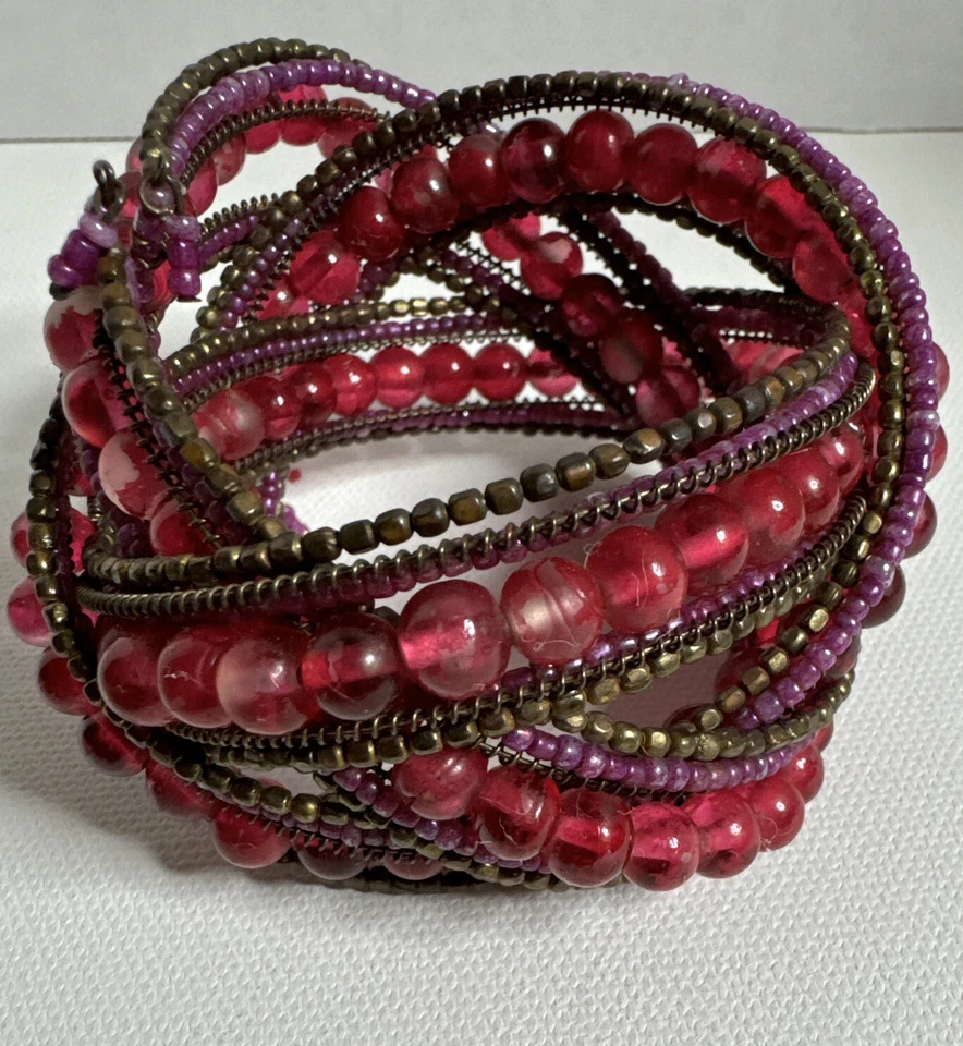 Brazalete estilo bohemio multihilo cuentas pesadas rosa, rojo, púrpura y bronce Foto 2 de 4