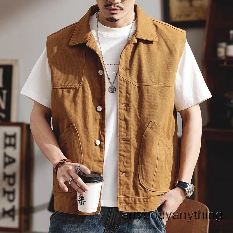 Retro Yellow Summer Vest for Men Loose Fit Casual Workwear Jacket-image