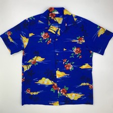 Vintage 70s Made in Hawaii Hawaiian Aloha Shirt Blue Red Floral Hibiscus Size M