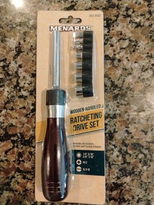 NEW Menards Ratcheting Drive Set 7 Heads Wooden Handle 243-2022