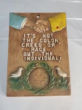 Vintage Chalkware Ceramic World Peace Hanging Wall Plaque MCM 6.5" x 4.5" JAPAN