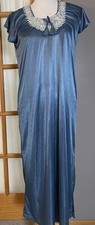 Vintage Handmade Nightgown Sz M Grayish Blue Satin Embroidered Floral Accent