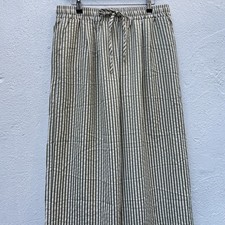 Wide Legged Palazzo Trousers Womens Medium 32 x 29 Green Tan Striped Seersucker