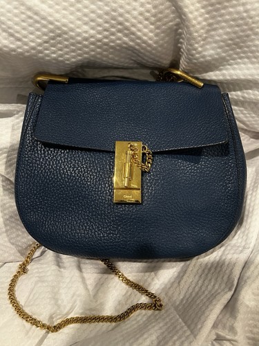 CHLOE Drew Shoulder Bag Blue Leather w/ Gold Chain