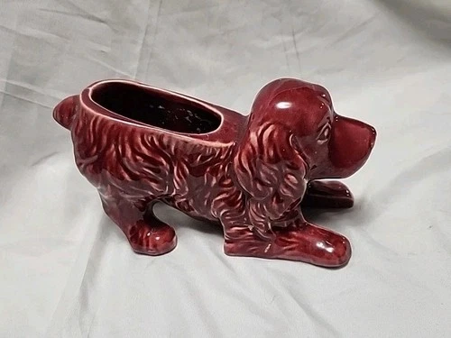 Vintage 1950's Shawnee Red Burgundy Crouching Dog Planter Art Pottery USA