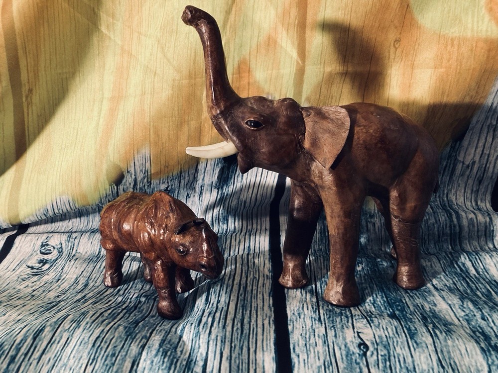 Antique Leather Clad Elephant & Rhino Glass Eyes Excellent Condition