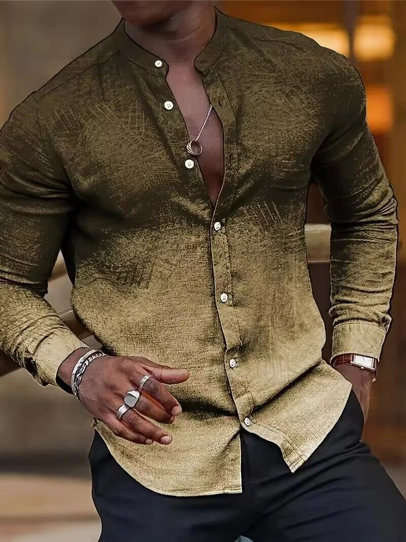Button Down Stand Collar Shirt Mens Long Sleeve Gradient Classic Fit Up Dress - Picture 1 of 4