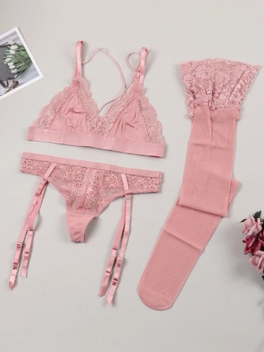 Lace Bra Sets Women Non-padded Bra + Panty Garter + Stockings 3pcs Lingerie