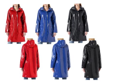 Women Glossy Hooded Vinyl Raincoat Parks Waterproof Stylish Long Jacket - Picture 2 of 15