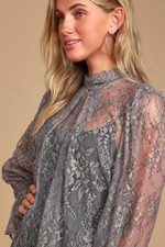 Lulus Just Glam Grey Lace Sheer Mock Neck Top Sz S