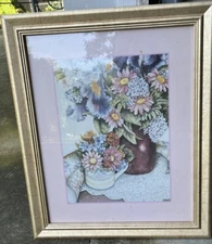 Framed vintage art watercolor Gold Frame Pink Mat Country Core Cottage Core