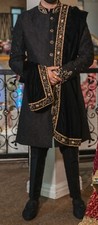 mens sherwani black with black velvet shawl. Size small/medium