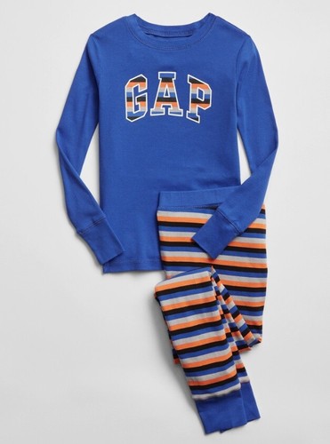 GAP Kids Boys NEW Sz 4 Logo Stripe Blue Orange Long Sleeve 2 Pc Pajama PJs - Picture 2 of 2