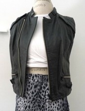 Raw Cropped Black Leather Sleeves Biker Vest Small