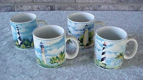 Vintage Sakura Water's Edge Cups Mugs (4) Coffee Lighthouse Nautical Stoneware