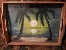 double  signed  Wood Tray 11x15 In. Beach And Palm Trees Scene Hand Painted