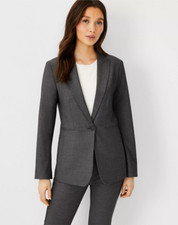 NEW ANN TAYLOR 198 DARK GRAY LONG BI-STRETCH ONE BUTTON BLAZER SZ 6