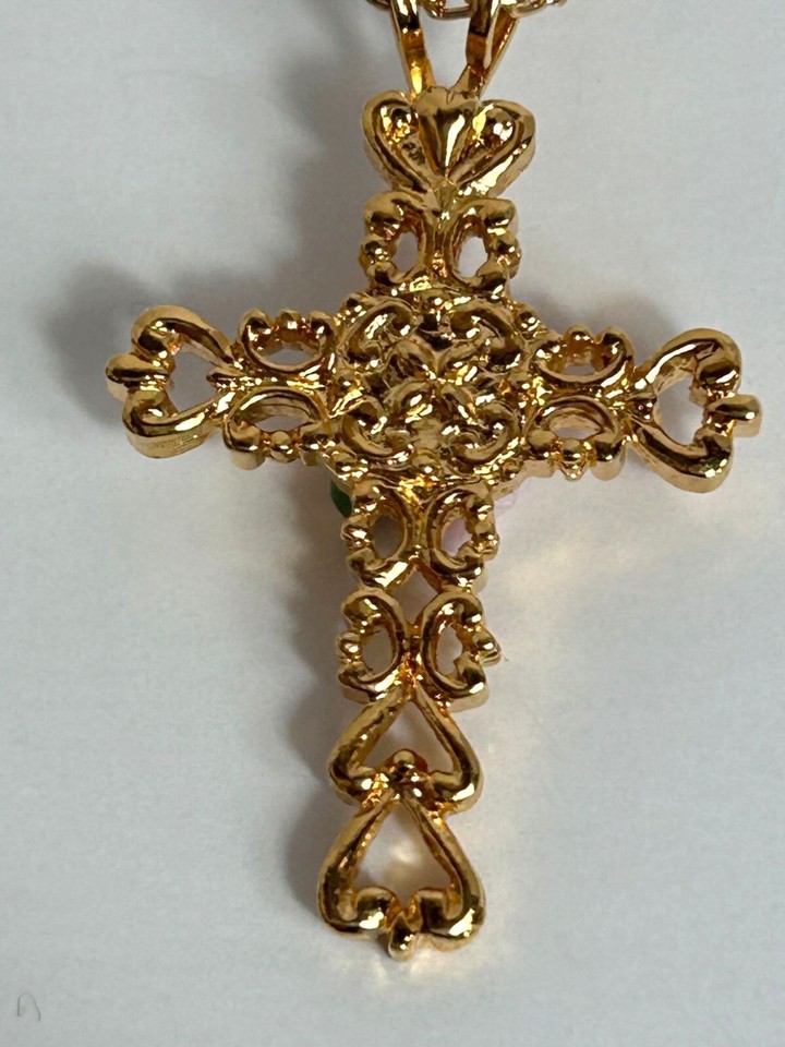 Avon GoldTone Cross Necklace With Pink Rose Pendant eBay