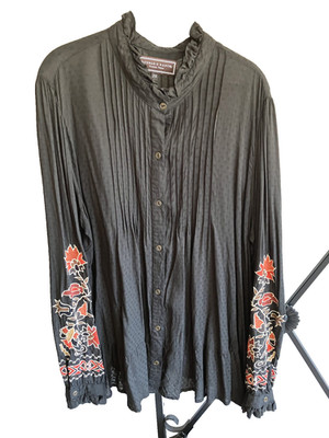 Double D Ranch Black Embroidered Ruffle Collar Top - Size 2X