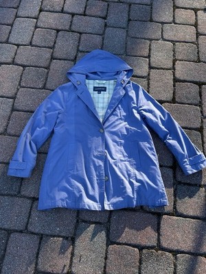 London Fog Blue Hooded Rain Coat Jacket Women s Size L Button Mid-Length