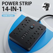 14 in 1 Power Strip Surge Protector 8 Outlet 6 USB 2 USB-C 5FT Extension Cord