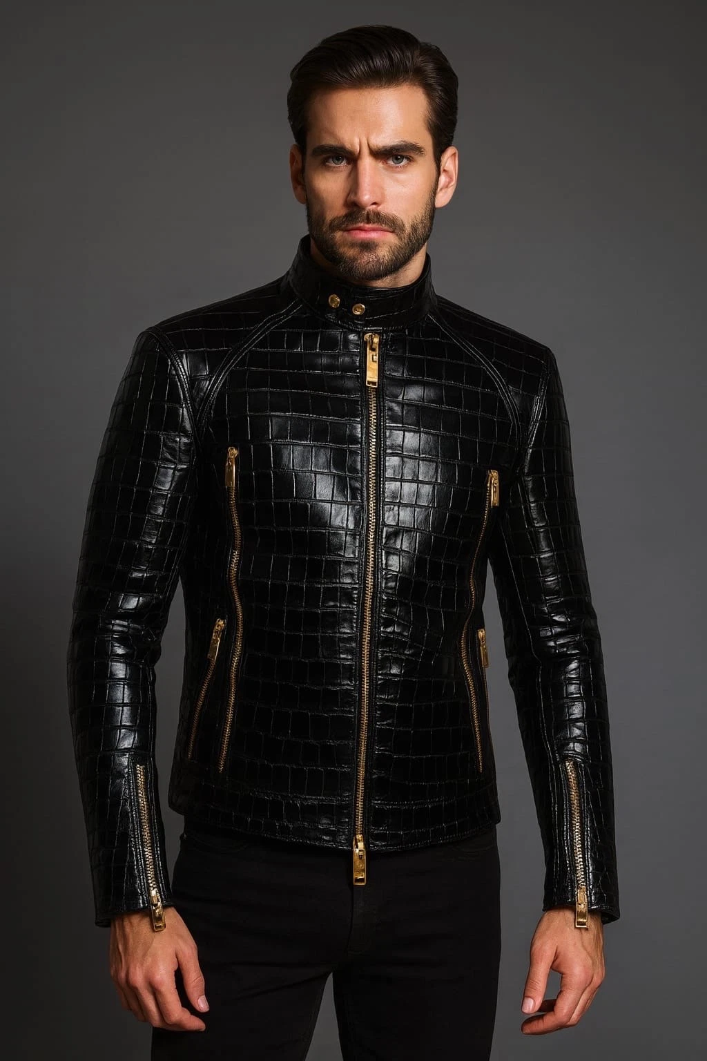Men’s Black Crocodile Embossed Leather Jacket – Slim Fit Biker Style Custom Made
Opens in a new wind