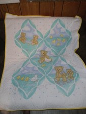 Vintage Baby Quilt Throw Cotton, Red/Blue/Yellow, Tan/Green, 32x40