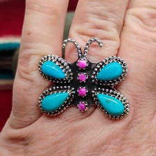 Southwest Sterling Silver Butterfly Ring Turquoise  Purple Spiny Oyster Size 8